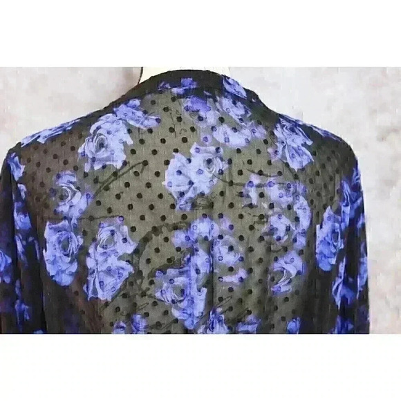 Torrid Size 1 sheer button front w/ruffle along button line blue/black abstract - Picture 3 of 11